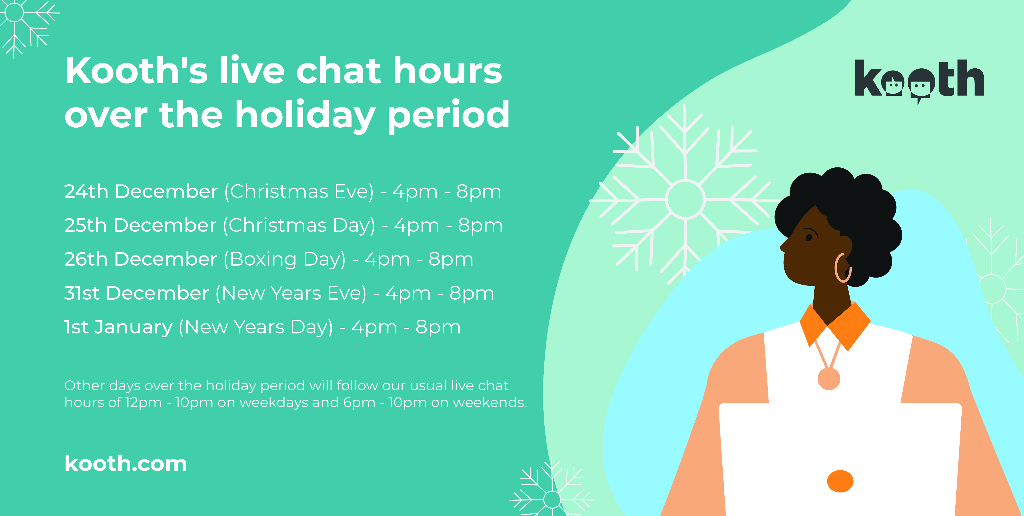 Kooth Christmas opening times, 24th, 25th, 26th 31st December, 1st January 4pm to 8pm